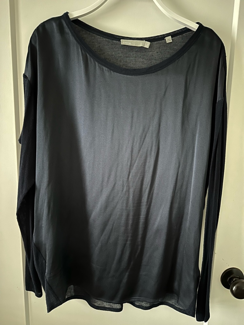 Vince Women’s Navy Silk Sheer Sleeve Scoop Neck Sweater
